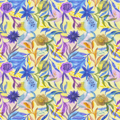 Watercolor abstract flowers. Seamless floral pattern with colored spots. Purple and yellow plants.