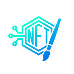 NFT icon with paintbrush, Non-Fungible Token logo design, Digital art marketplace, Cryptocurrency blockchain concept symbol, Vector illustration
