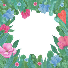 Frame with wildflowers. Pink and blue flowers. Vegetable border.