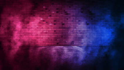 Neon light on neon brick wall. Empty scene. Cyberpunk background with copy space.