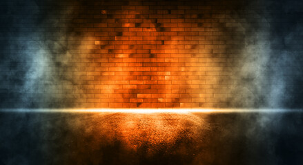 Rays light on brick wall with smoke.