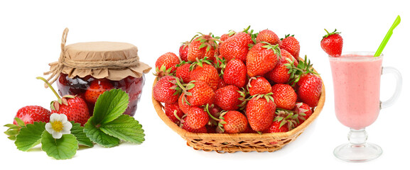 Ripe strawberries, smoothies and homemade jam isolated on white . Collage. Wide photo.