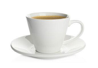 Cup of hot coffee and saucer isolated on white