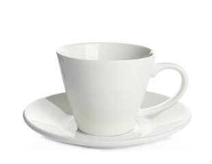 Empty ceramic cup and saucer isolated on white