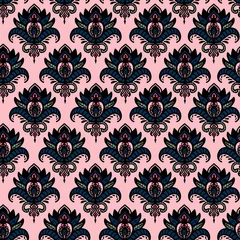 Tragetasche Damask flower seamless repeat pattern. Hand drawn, doodle paisley folk all over surface print on pink background. © MoJX.Studio