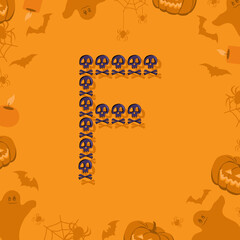 Halloween letter F from skulls and crossbones for design. Festive font for holiday and party on orange background with pumpkins, spiders, bats and ghosts
