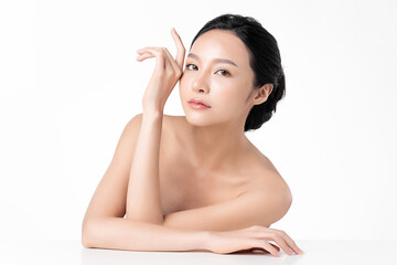 Beautiful young asian woman with clean fresh skin on white background, Face care, Facial treatment,...