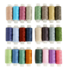 Set of colorful sewing threads on white background, top view
