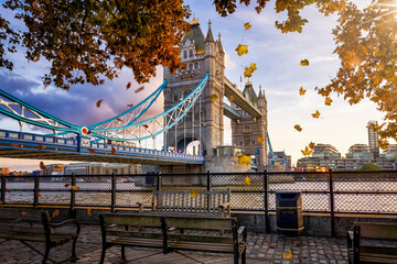 London in autumn concept with the famous Tower Bridge, colorful trees with golden leafs and sunshine