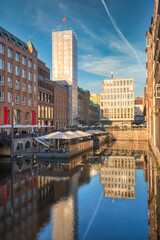 Canals and shops in Speicherstadt Hamburg, Germany