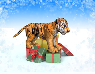 Tiger, symbol of 2022 year with gift boxes. 3D illustration