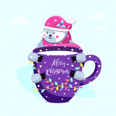 Сute sloth hanging on mug with inscription Merry Christmas. vector illustration.