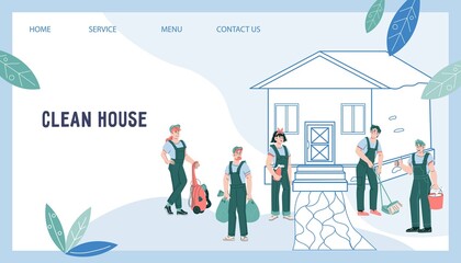 Website banner or presentation web page of cleaning company. Design for  house and garden cleaning and maintenance services, flat cartoon vector illustration.