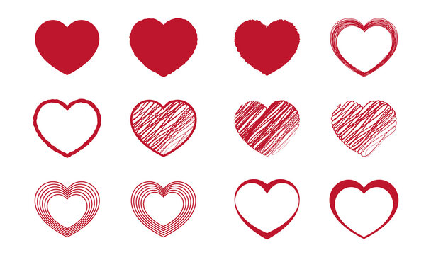 Red heart shapes icon set.  Design elements for Valentine's day, love, or romance. Flat heart collection, herz sammlung. Vector illustration