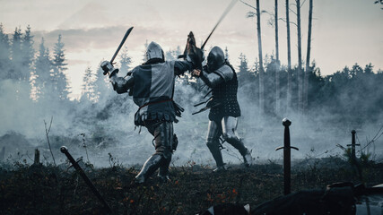 Epic Battlefield: Two Armored Medieval Knights Fighting with Swords. Dark Ages Army Warfare. Action Battle of Armored Warrior Soldiers, Killing Enemy. Cinematic Historical Reenactment. © Gorodenkoff