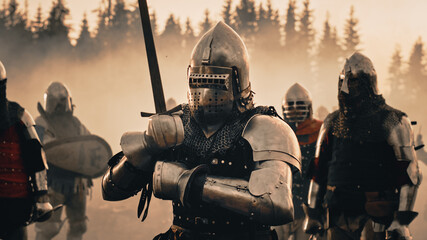 Epic Battlefield: Portrait of Knight Leader Wearing Helmet, Holding Sword, Ready for Battle. King...