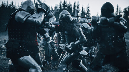 Epic Battlefield: Armies of Medieval Knights Fighting with Swords. Dark Age War, Crusade, Conquest. Bloody Battle of Savage Warrior Soldiers. Cinematic Action, Historical Reenactment.