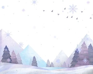 北欧風山のある水彩画、冬の木々と渡鳥の飛ぶ雪の結晶のベクター白バックフレームイラスト素材