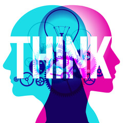 A male and female side silhouette positioned back-to-back, overlaid with various sized light bulbs and gears shapes representing the mind machine. Overlaid across the centre is the word “THINK”.