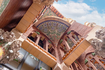 Facade of Palau de la Música Catalana. The mission the Foundation is to promote music, particularly choir singing, knowledge and dissemination of cultural heritage and opera in Barcelona, spain