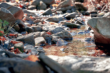 View of the mountain river with stones and rocks. Shallow depth of field. Blurry bokeh