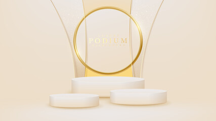 White show podium and golden circle elements with curved lines and sparkling glittering light effects, Luxury scene design for banner product.