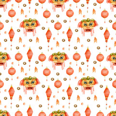 Chinese new year watercolor illustration dragon lanterns  characters seamless pattern on white background