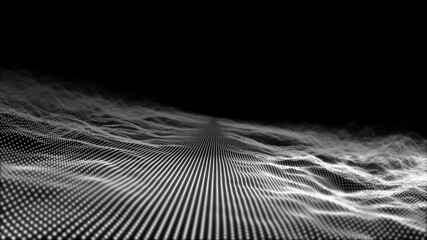 Futuristic grid wave of blue halftone digital dots data smooth seamless animation on dark with dim light background. Flow particles landscape. For cyber technology, sound visualization, big data