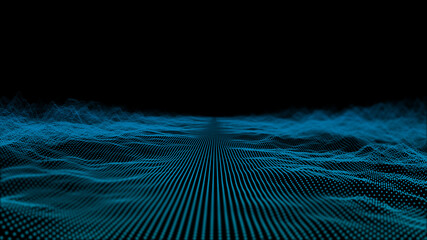 Futuristic grid wave of blue halftone digital dots data smooth seamless animation on dark with dim light background. Flow particles landscape. For cyber technology, sound visualization, big data