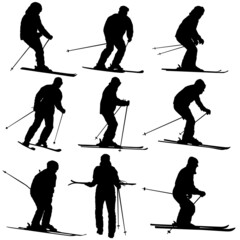 Set mountain skier speeding down slope sport silhouette