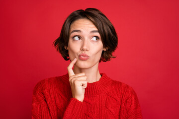 Photo portrait young woman dreamy looking copyspace got idea isolated bright red color background