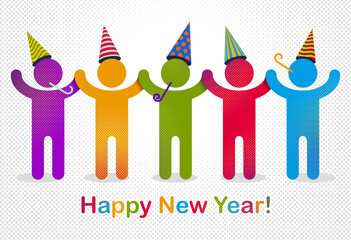 Happy New Year celebrating people vector concept simple illustration icon or greeting card, celebration anniversary or holiday fun, group of cheerful happy people having fun at party.