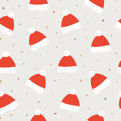 Seamless Christmas hat pattern. Perfect for Christmas cards, decorations, invitations, banners, labels, gift paper. Festive, cozy atmosphere.