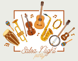 Latin music band salsa vector flat poster isolated over white background, live sound festival concert or night dancing party, Brazil or Cuban musical fiesta theme advertising flyer or banner. - obrazy, fototapety, plakaty