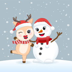 Cute little deer with snowman, Christmas season illustration.
