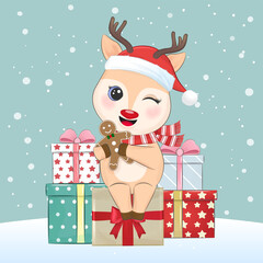 Cute little deer with gingerbread and gift box. Christmas season illustration.