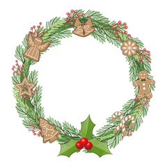 Fototapeta premium Christmas wreath and gingerbread, Christmas and New Year illustration