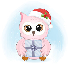 Cute owl and gift box, Christmas season illustration.