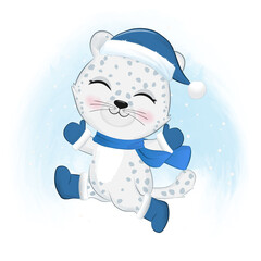 Cute snow leopard. Christmas season illustration