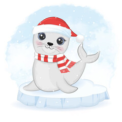 Cute seal on ice floe, Christmas and New Year illustration