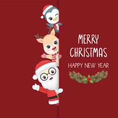 Cute Santa and animals. Christmas and New Year illustration