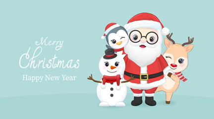 Cute santa claus, snowman, penguin and deer, Christmas season background