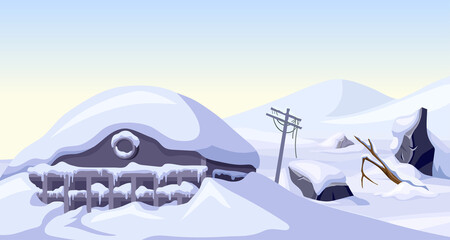 Ice age. Cartoon game house with mountains of snow. Frozen  destroyed building after storm. Aftermath of natural disaster. Vector illustration.