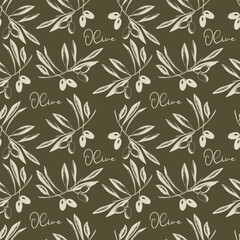 Fototapeta premium Olives branch with fruits and leaves Seamless pattern, imprint, stamp, sketch. Vector illustration