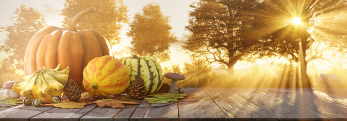 Autum landscape. Autumn harvest and Thanksgiving concept. Seasonal autumn landscape with pumpkins, mushrooms and leaves. 3D rendering.