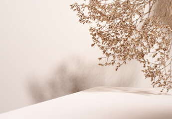 beige cosmetics product advertising stand with shadow. Concept scene stage showcase for product, promotion, sale, presentation of cosmetic products. Minimal