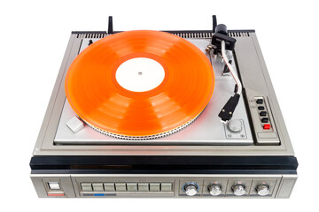 Fototapeta premium Vintage turntable record player with red vinyl