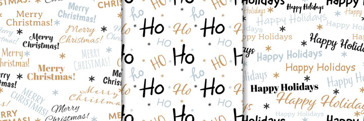 Christmas holiday season seamless pattern set of Merry Christmas text, Ho text and Happy Holidays text with tiny snowflakes on white background. Vector illustration.