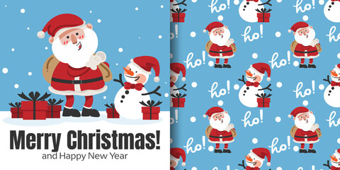 Christmas holiday season banner with Merry Christmas text and seamless pattern of Santa Claus with gift bag, gift boxes and snowman on light blue background. Vector illustration.