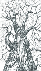 vector black and white image of a sprawling old tree without leaves